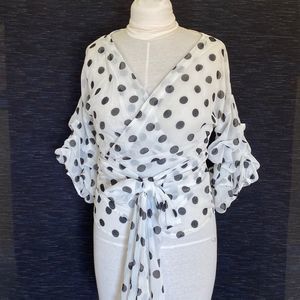 San Joy wrap shirt blouson sleeves white with black dots size M